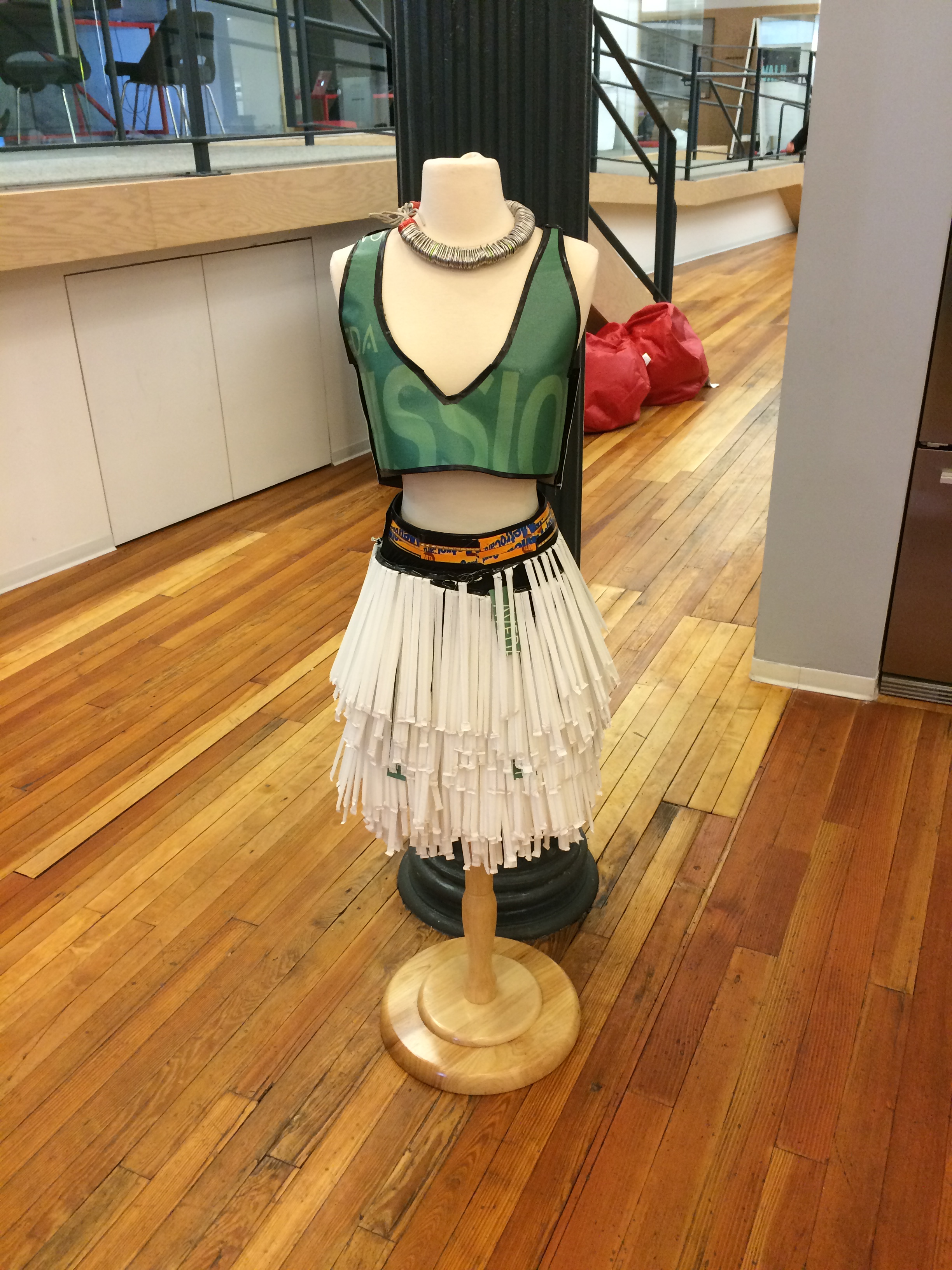 A dress from  an Aveda fashion show made from recycled materials 