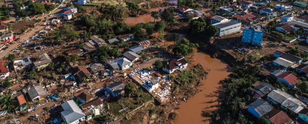 View of buildings destroyed by the floods caused by a deadly extratropical cyclone in Roca Sales, Rio Grande do Sul state, Brazil