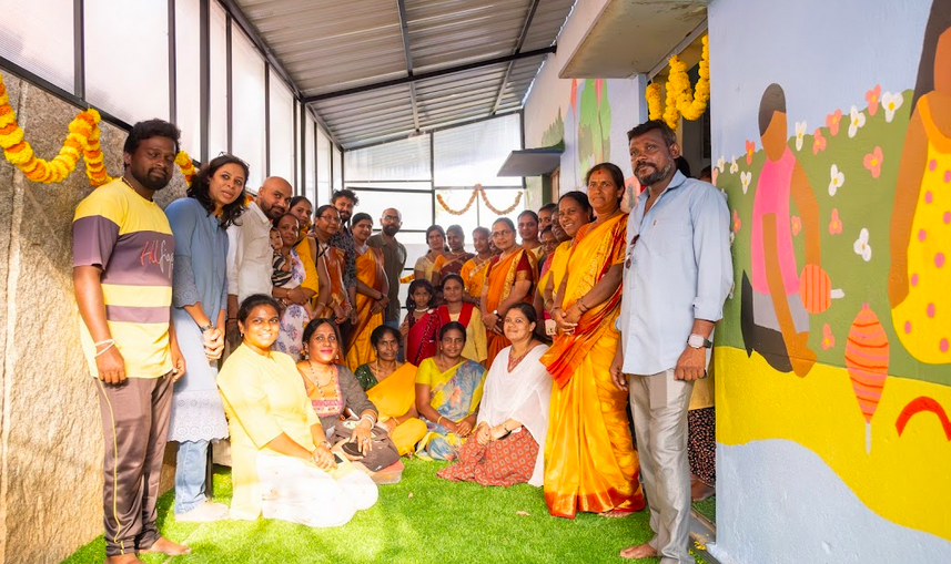 The Alli Serona women in Vijaynagar at the inauguration of the renovated courtyard at the local anganwadi centre